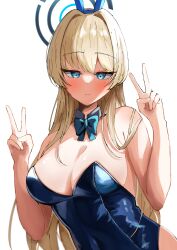 Rule 34 | 1girl, absurdres, animal ears, aqua bow, aqua bowtie, bare shoulders, blonde hair, blue archive, blue eyes, blue hair, blue leotard, bow, bowtie, breasts, cleavage, commentary request, detached collar, double v, fake animal ears, halo, highres, leotard, long hair, looking at viewer, medium breasts, official alternate costume, open mouth, panda ring, rabbit ears, simple background, smile, solo, tail, toki (blue archive), toki (bunny) (blue archive), v, white background