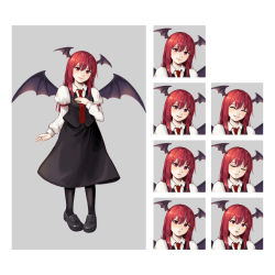 Rule 34 | 1girl, angry, bat wings, black footwear, black pantyhose, black skirt, black vest, border, breasts, character name, closed mouth, collared shirt, demon wings, expression chart, closed eyes, grey background, grey border, hand on own chest, head wings, highres, hoshiringo0902, juliet sleeves, koakuma, lips, loafers, long hair, long sleeves, necktie, open mouth, pantyhose, puffy sleeves, red eyes, red hair, red necktie, sad, shirt, shoes, simple background, skirt, small breasts, smile, solo, surprised, touhou, v-shaped eyebrows, vest, white shirt, wings