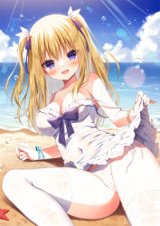 Rule 34 | 1girl, :d, blonde hair, blue bow, blue sky, bow, breasts, cleavage, clothes lift, cloud, commentary request, covered navel, day, dress, dress lift, frilled dress, frills, hair between eyes, hair bow, hair ribbon, highres, horizon, large breasts, lifting own clothes, long hair, looking at viewer, mauve, ocean, open mouth, original, outdoors, panties, purple eyes, ribbon, see-through, side-tie panties, sky, sleeveless, sleeveless dress, smile, solo, strap slip, thighhighs, two side up, underwear, very long hair, water, wet, wet clothes, wet dress, white dress, white panties, white ribbon, white thighhighs