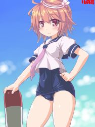 Rule 34 | 10s, 1girl, ahoge, dated, dd (ijigendd), hair ornament, i-58 (kancolle), kantai collection, looking at viewer, neckerchief, numbered, old school swimsuit, one-piece swimsuit, pink eyes, pink hair, school swimsuit, school uniform, serafuku, short hair, smile, solo, swimsuit, swimsuit under clothes, torpedo, type 95 torpedo