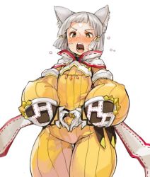 Rule 34 | 1girl, animal ears, blunt bangs, blush, bodysuit, cat ears, embarrassed, eyebrows, gloves, heart, heart hands, hood, looking at viewer, nia (xenoblade), nintendo, open mouth, ribbon, sachito, short hair, silver hair, simple background, solo, white gloves, xenoblade chronicles (series), xenoblade chronicles 2, yellow bodysuit, yellow eyes