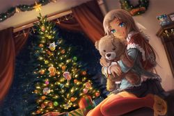 Rule 34 | 1girl, arin hanson, bat wings, blonde hair, blue eyes, blush, box, capelet, cat slippers, character doll, christmas ornaments, christmas tree, crossover, dan avidan, hugging doll, fang, flandre scarlet, flowey (undertale), freeze-ex, game grumps, gift, gift box, indoors, league of legends, looking at viewer, male focus, merry christmas, multiple crossover, hugging object, one-punch man, poro (league of legends), puzzle &amp; dragons, red thighhighs, remilia scarlet, saitama (one-punch man), shirt, sitting, skirt, smile, solo, stuffed animal, stuffed toy, tamadra, teddy bear, thighhighs, touhou, trap, undertale, wariza, wings, zettai ryouiki