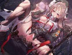Rule 34 | 1boy, 1girl, ahoge, animal ears, arknights, black thighhighs, blush, breasts, brown hair, censored, dress, eyjafjalla (arknights), gloves, horns, long hair, long sleeves, mosaic censoring, multiple boys, nipples, open mouth, outdoors, panties, panties around leg, pussy, red eyes, respirator, reunion soldier (arknights), sheep horns, small breasts, solo focus, spread legs, spread pussy, staff, ten no hoshi, thighhighs, torn clothes, torn legwear, underwear, very long hair, white panties