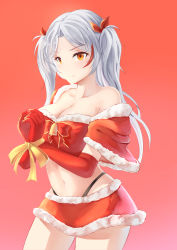 Rule 34 | 1girl, absurdres, azur lane, bdsm, black panties, bondage, bound, bound wrists, breasts, capelet, christmas, cleavage, closed mouth, commentary request, elbow gloves, fur-trimmed skirt, fur trim, gan-viking, gloves, gradient background, grey hair, hair ribbon, highleg, highleg panties, highres, large breasts, legs apart, long hair, midriff, multicolored hair, navel, off shoulder, panties, prinz eugen (azur lane), red background, red gloves, red hair, red ribbon, red skirt, revision, ribbon, santa costume, skirt, smile, solo, standing, two-tone hair, underwear, yellow eyes