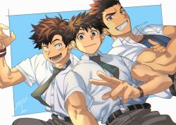 Rule 34 | 3boys, blue background, border, brown eyes, brown hair, buttons, collared shirt, copyright request, green necktie, highres, looking at viewer, male focus, multiple boys, muscular, muscular male, necktie, open clothes, open mouth, open shirt, red wristband, sagami jon, shirt, short hair, smile, teeth, upper body, v, watch, white border, white shirt, wristwatch