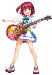Rule 34 | 1girl, ankle socks, arm at side, blue sailor collar, breasts, clothes around waist, guitar, hair ornament, holding, holding instrument, igarashi nadeshiko, instrument, irodorimidori, jacket, jacket around waist, looking at viewer, medium breasts, open mouth, plectrum, raised eyebrows, red eyes, red hair, sailor collar, shoes, short hair, side ponytail, sleeves past elbows, sleeves rolled up, smile, sneakers, socks, solo, standing, transparent background, white socks