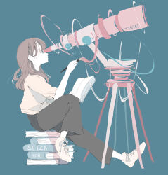 Rule 34 | 1girl, absurdres, black pants, blue background, blue eyes, book, book stack, brown hair, highres, holding, holding book, holding paintbrush, long bangs, long hair, looking ahead, no pupils, nocopyrightgirl, notebook, original, paintbrush, pale skin, pants, romaji text, shirt, shoes, short sleeves, sidelocks, simple background, sitting, sneakers, solo, telescope, white footwear, yellow shirt