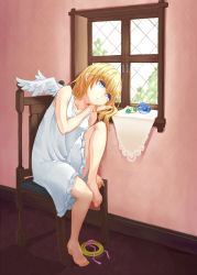 Rule 34 | 1girl, barefoot, bird, blonde hair, blue eyes, chair, clover, dress, four-leaf clover, full body, halo, halo removed, highres, indoors, legs, looking outside, md5 mismatch, mouth hold, original, resolution mismatch, short hair, sitting, solo, source smaller, window, wings