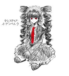 Rule 34 | 1girl, akeulun 0128, celestia ludenberg, character name, closed mouth, danganronpa: trigger happy havoc, danganronpa (series), drill hair, jacket, kneeling, long hair, long sleeves, looking at viewer, necktie, open clothes, open jacket, red eyes, red necktie, sketch, skirt, smile, solo, spot color, thighhighs, translated, twin drills, white background