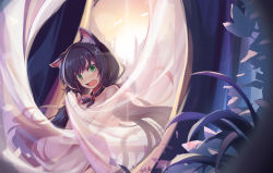 Rule 34 | 1girl, animal ear fluff, animal ears, black hair, blush, breasts, brooch, cat ears, cat girl, cat tail, commentary request, curtain grab, curtains, fang, hair ribbon, highres, jewelry, karyl (princess connect!), long hair, looking at viewer, low twintails, multicolored hair, nude, open mouth, pepsimen, princess connect!, purple ribbon, railing, ribbon, signature, small breasts, solo, streaked hair, sweat, tail, transparent, twintails, very long hair, white hair