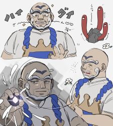 Rule 34 | 1boy, apron, arrow (symbol), bald, beard, blue apron, closed mouth, commentary request, creatures (company), facial hair, flower, game freak, hand up, highres, holding, holding tera orb, kofu (pokemon), male focus, multiple views, ningenmi aru, nintendo, open mouth, pokemon, pokemon (creature), pokemon sv, shirt, short sleeves, smile, sparkle, teeth, tera orb, unibrow, white background, white flower, wugtrio