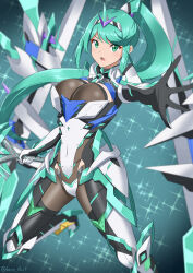 Rule 34 | 1girl, absurdres, armor, bodysuit, breasts, cleavage, covered navel, green eyes, grey hair, headband, high heels, highres, holding, holding sword, holding weapon, large breasts, long hair, looking at viewer, pneuma (xenoblade), ponytail, reaching, reaching towards viewer, ryochan96154, sword, thighs, weapon, xenoblade chronicles (series), xenoblade chronicles 2