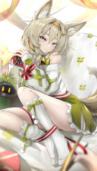 Rule 34 | 1girl, absurdres, animal ear fluff, animal ears, arknights, bad id, bad pixiv id, beanstalk (arknights), bell, bound, bow legwear, christmas, commentary request, cutting, gift, green skirt, grey hair, hair between eyes, hair ornament, hairband, hairclip, highres, holding, holding gift, kneehighs, looking at viewer, medium hair, neck bell, no shoes, nopetroto, off shoulder, official alternate costume, orange eyes, ribbon, ribbon bondage, sitting, skirt, smile, socks, solo, sweater, tail, tail raised, white socks, white sweater