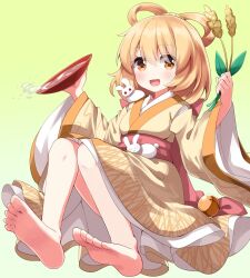 Rule 34 | 1girl, barefoot, character request, copyright request, cup, gradient background, hair rings, highres, holding wheat, inaba mob (touhou), japanese clothes, kimono, long sleeves, orange eyes, ruu (tksymkw), sakazuki, short hair, soles, solo, touhou, wheat, wide sleeves, yellow kimono