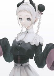 Rule 34 | 1girl, absurdres, aiv, arknights, black jacket, braid, bun cover, closed mouth, commentary request, cropped jacket, double bun, earrings, forehead, grey eyes, hair bun, hands up, highres, irene (arknights), jacket, jewelry, long sleeves, pleated skirt, simple background, skirt, sleeves past fingers, sleeves past wrists, solo, twin braids, twintails, white background, white hair, white skirt