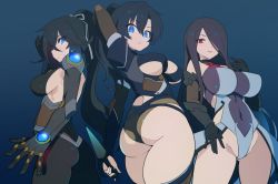 Rule 34 | 3girls, action taimanin, arm up, artist request, ass, backless outfit, black hair, blue background, blue eyes, breasts, bridal gauntlets, commission, cowboy shot, elbow gloves, from behind, fuuma amane, fuuma saika, fuuma tokiko, gauntlets, gloves, gradient background, hair between eyes, hair over one eye, leotard, long hair, looking at viewer, looking back, mechanical arms, multiple girls, ponytail, red eyes, sideboob, simple background, taimanin (series), taimanin rpgx, taimanin suit, thighs, underboob