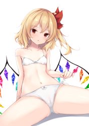 Rule 34 | 1girl, :o, bare arms, bare shoulders, bikini, blonde hair, cameltoe, commentary request, crystal, flandre scarlet, hair between eyes, hair ribbon, highres, kashiwagi yamine, long hair, looking at viewer, navel, one side up, parted lips, red eyes, red ribbon, ribbon, shadow, side-tie bikini bottom, simple background, solo, strap slip, swimsuit, touhou, white background, white bikini, wings