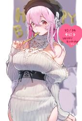 Rule 34 | 1girl, absurdres, aran sweater, blush, breasts, cable knit, cleavage, corset, dress, hair ornament, headphones, highres, large breasts, lips, long hair, looking at viewer, nail polish, nitroplus, pink eyes, pink hair, red eyes, shigupon, sideboob, solo, super sonico, sweater, sweater dress, turtleneck, turtleneck sweater, white sweater