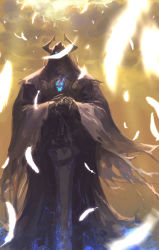 Rule 34 | blue fire, cloak, fate/grand order, fate (series), feathers, fire, glowing, glowing eyes, hands on hilt, hidden face, king hassan (fate), planted, sky, sword, weapon, yellow sky, zonotaida