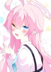 Rule 34 | 1girl, ahoge, blue archive, blue eyes, blush, chest harness, fang, from side, hair between eyes, hair flaps, halo, hand up, harness, heterochromia, highres, hoshino (blue archive), huge ahoge, long sleeves, multicolored background, open mouth, pink hair, pink halo, shirt, smile, solo, suisei 1121, white shirt, yellow eyes