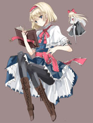 Rule 34 | 1girl, absurdres, alice margatroid, bad id, bad pixiv id, blonde hair, blue eyes, book, boots, bow, capelet, cierra (ra-bit), cross-laced footwear, doll, female focus, hair bow, hairband, highres, lace-up boots, lance, long hair, long skirt, pantyhose, polearm, ra-bit, sash, shanghai doll, short hair, short sleeves, skirt, solo, touhou, weapon