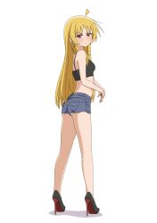 Rule 34 | 1girl, absurdres, ahoge, bare legs, black footwear, black sports bra, blonde hair, blue shorts, blush, bocchi the rock!, closed mouth, commentary, denim, denim shorts, detached ahoge, diamond earrings, dot nose, earrings, english commentary, full body, high heels, highres, ijichi seika, jewelry, legs, long hair, looking at viewer, looking back, midriff, nail polish, red eyes, red nails, short shorts, shorts, simple background, solo, sports bra, standing, tachi-e, thundradrawings, v-shaped eyebrows, very long hair, white background