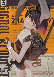 Rule 34 | 1girl, absurdres, animal ears, black hair, blush, breasts, commentary, english commentary, gun, handgun, highres, holding, holding gun, holding weapon, leotard, light, looking at viewer, multicolored hair, original, pink hair, playboy bunny, polilla, rabbit ears, rabbit tail, short hair, small breasts, solo, tail, two-tone hair, weapon, wrist cuffs, yellow eyes