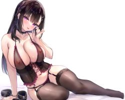 Rule 34 | 1girl, arm support, bare arms, bare shoulders, black choker, black hair, black panties, braid, breasts, brown thighhighs, calm mashiro, choker, cleavage, closed mouth, collarbone, corset, covered erect nipples, cuffs, detexted, frills, garter straps, hair ornament, hairclip, hand up, handcuffs, head tilt, highres, large breasts, lingerie, long hair, looking at viewer, naughty face, navel, nipples, no shoes, ohtsuka miyako (calm mashiro), original, panties, purple eyes, see-through, simple background, sitting, skindentation, smile, solo, stomach, string panties, thighhighs, thighs, third-party edit, tongue, tongue out, underwear, underwear only, v-shaped eyebrows, white background, yokozuwari
