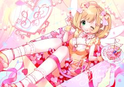 Rule 34 | 1girl, ahoge, blonde hair, blueberry, blush, bow, box, breasts, brooch, cleavage, cleavage cutout, clothing cutout, cookie, curtains, dress, food, footwear bow, fork, frills, fruit, green eyes, hair bow, hair ornament, hairclip, happy birthday, heart, heart-shaped cake, heart hair ornament, heart o-ring, highres, holding, holding food, holding fork, holding plate, idolmaster, idolmaster cinderella girls, idolmaster cinderella girls starlight stage, in box, in container, jewelry, legband, macaron, mameyanagi, medium hair, mirror, one eye closed, plate, ribbon, sato shin, sitting, smile, solo, strawberry, tongue, tongue out, twintails, wings, wrist cuffs