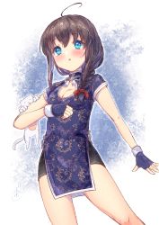 Rule 34 | 1girl, ahoge, alternate costume, animal, bike shorts, black hair, blue dress, blue eyes, blue gloves, blue shorts, blush, bow, braid, breasts, brown hair, cat, china dress, chinese clothes, cleavage, cleavage cutout, clothing cutout, commentary request, dress, fingerless gloves, gloves, hair between eyes, hair bow, hair over shoulder, ittokyu, kantai collection, long hair, looking at viewer, medium breasts, parted lips, purple dress, purple gloves, red bow, shigure (kancolle), short shorts, short sleeves, shorts, shorts under dress, signature, single braid, solo, white cat