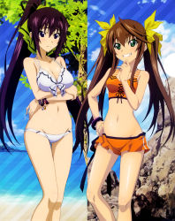 Rule 34 | 10s, 2girls, absurdres, bare shoulders, beach, bikini, blue sky, blush, bracelet, breast hold, breasts, brown hair, cleavage, day, fixed, green eyes, grin, groin, hand on own hip, hashimoto takayoshi, highres, huang lingyin, infinite stratos, jewelry, knees, long hair, medium breasts, multiple girls, navel, ocean, official art, outdoors, ponytail, purple eyes, purple hair, scan, shinonono houki, sky, smile, split ponytail, swimsuit, tankini, thigh gap, thighs, twintails, very long hair, white bikini, wristband