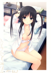 Rule 34 | 1girl, :o, absurdres, bed, bedroom, black eyes, black hair, black legwear, bow, bow panties, bra, bra pull, breasts, bunching hair, clothes pull, coffee-kizoku, cure girl, dress shirt, highres, indoors, kunimura kotone, lingerie, long hair, medium breasts, navel, nipples, no pants, open clothes, open mouth, open shirt, panties, shirt, sitting, solo, twintails, underwear, white bra, white panties