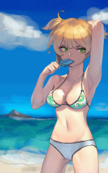 Rule 34 | 1girl, absurdres, arm behind head, arm up, armpits, bad id, bad pixiv id, bare shoulders, beach, bikini, blue sky, breasts, cleavage, collarbone, cowboy shot, day, eating, food, girls&#039; frontline, green bikini, green eyes, highres, holding, holding food, horizon, looking at viewer, medium breasts, mismatched bikini, ocean, outdoors, popsicle, romana, short hair, sky, standing, swimsuit, tsurime, two side up, water, welrod mkii (girls&#039; frontline), white bikini