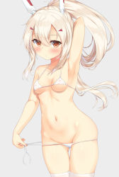 Rule 34 | 1girl, arm up, armpits, ayanami (azur lane), azur lane, bare arms, bare shoulders, bikini, breasts, brown eyes, closed mouth, collarbone, commentary request, covered erect nipples, cowboy shot, fujieda uzuki, grey background, groin, hair between eyes, hair ornament, headgear, heart, heart-shaped pupils, high ponytail, highres, light brown hair, long hair, looking at viewer, medium breasts, micro bikini, navel, ponytail, side-tie bikini bottom, sidelocks, simple background, solo, swimsuit, symbol-shaped pupils, thighhighs, untied bikini, very long hair, white bikini, white thighhighs