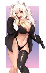 Rule 34 | 1girl, ahoge, animal ears, bare shoulders, black bra, black jacket, black panties, black thighhighs, bra, breasts, cleavage, closed mouth, collarbone, commentary, copyright name, ear piercing, fur-trimmed jacket, fur trim, grey eyes, groin, gun, hair between eyes, hand up, handgun, highleg, highleg panties, highres, holding, holding gun, holding weapon, hololive, jacket, jewelry, lace, lace-trimmed bra, lace trim, large breasts, lion ears, lion girl, long hair, long sleeves, looking at viewer, navel, necklace, notte, open clothes, open jacket, panties, piercing, pistol, shishiro botan, sidelocks, single thighhigh, sleeves past wrists, solo, standing, stomach, thigh gap, thighhighs, torn clothes, torn thighhighs, two side up, underwear, virtual youtuber, weapon, white hair