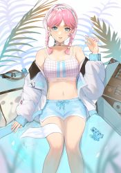 Rule 34 | 1girl, animal, aqua eyes, arknights, bag, bare legs, bare shoulders, blue poison (arknights), blue poison (shoal beat) (arknights), blue shorts, blush, braid, breasts, character name, choker, cleavage, clothes writing, collarbone, dart, doughnut, earrings, feet out of frame, food, frog, glint, hairband, holding, jacket, jewelry, long sleeves, looking at viewer, medium breasts, multiple rings, nail polish, navel, official alternate costume, open clothes, open jacket, parted bangs, parted lips, pink choker, pink hair, pink nails, ring, short shorts, shorts, simple background, sitting, sleeves past wrists, sports bra, stomach, suitcase, thighs, twin braids, ufoliving, white background, white jacket