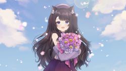 Rule 34 | 1girl, animal ear fluff, animal ears, bad id, bad twitter id, black shirt, blue eyes, bouquet, cat ears, cloud, commentary, detached sleeves, english commentary, flower, holding, holding bouquet, ichinose (sorario), indie virtual youtuber, long hair, looking at viewer, petals, purple flower, purple skirt, second-party source, shimotsuki miri, shirt, skirt, sky, smile, solo, virtual youtuber