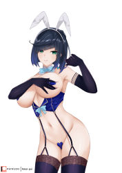 Rule 34 | 1girl, absurdres, amai-pai, animal ears, armpits, black gloves, black hair, blue bow, blue bowtie, bob cut, bow, bowtie, grabbing another&#039;s breast, breasts, censored, cleavage, commentary request, covered erect nipples, covering privates, covering breasts, cowboy shot, detached collar, diagonal bangs, elbow gloves, eyelashes, fake animal ears, garter straps, genshin impact, gloves, grabbing, grabbing own breast, green eyes, heart, heart censor, heart maebari, heart pasties, highres, lace, lace-trimmed legwear, lace trim, large breasts, leotard, maebari, multicolored hair, navel, parted lips, pasties, patreon username, playboy bunny, purple thighhighs, simple background, solo, streaked hair, suspenders, thighhighs, thighs, two-tone hair, underboob, white background, yelan (genshin impact), zipper, ||/