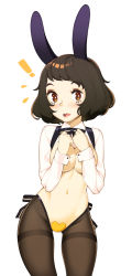 Rule 34 | !, 1girl, animal ears, black bow, black bowtie, blush, bow, bowtie, breasts, bright pupils, brown eyes, brown hair, collared shirt, commentary, commission, covering breasts, covering nipples, covering privates, cowboy shot, embarrassed, english commentary, halphelt, hands up, highres, kawakami sadayo, long sleeves, looking at viewer, maebari, medium breasts, medium hair, meme attire, navel, pantyhose, parted lips, persona, persona 5, rabbit ears, reverse bunnysuit, reverse outfit, shirt, shrug (clothing), simple background, solo, standing, surprised, thighband pantyhose, white background, white pupils, wing collar