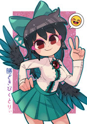 Rule 34 | 1girl, bird wings, black hair, black wings, blush, bow, breasts, brown eyes, buttons, carte, closed mouth, collared shirt, colored inner hair, commentary, contrapposto, covered erect nipples, cowboy shot, eyelashes, eyeliner, green bow, green hair, green skirt, hair bow, hand on own hip, highres, large breasts, long hair, long sleeves, looking at viewer, miniskirt, multicolored hair, pink eyeliner, pleated skirt, reiuji utsuho, shirt, signature, skirt, smile, solo, third eye, touhou, two-tone hair, v, white shirt, wings