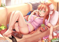 Rule 34 | arm at side, ass, aster-effect, bag, barefoot, blush, bow, bra, breasts, brown hair, buttons, can, candy, casual, cellphone, chips (food), chocolate, chocolate bar, chocolate chip cookie, cookie, couch, doki doki literature club, doritos, drink can, eating, eyebrows hidden by hair, eyelashes, feet, food, food in mouth, green eyes, gummy bear, hair between eyes, hair bow, indoors, juice, juice box, lamp, large breasts, legs, legs up, light rays, long hair, looking at viewer, looking to the side, lying, monika (doki doki literature club), navel, no shirt, on back, on couch, open clothes, open shirt, outstretched arm, panties, phone, pillow, pink bag, pink bra, pink panties, pink shirt, pocky, ponytail, shirt, sidelocks, soda, soda bottle, soda can, stomach, striped, stuffed animal, stuffed bird, stuffed toy, thighs, toe nails, underwear, underwear only, unworn shirt, unworn socks, very long hair, white bag, white bow, white headwear, window blinds