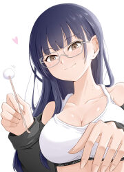 Rule 34 | 1girl, absurdres, black jacket, blue hair, boku no kokoro no yabai yatsu, breasts, brown eyes, cleavage, closed mouth, collarbone, dark blue hair, glasses, heart, highres, holding, jacket, large breasts, light smile, long hair, long sleeves, looking at viewer, mimikaki, mole, mole on neck, multiple moles, off shoulder, open clothes, open jacket, reaching, reaching towards viewer, sacra (sacrabokuyaba), simple background, solo, sports bra, upper body, white background, white sports bra, yamada anna