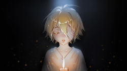 Rule 34 | 1boy, bad id, bad pixiv id, bandage over one eye, black background, blonde hair, blurry, bokeh, candle, closed eyes, collarbone, commentary, depth of field, jay ash, light, male focus, oliver (vocaloid), open mouth, shirt, spotlight, upper body, vocaloid, white shirt