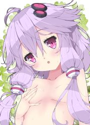 Rule 34 | 1girl, antenna hair, blush, breasts, chestnut mouth, clover, collarbone, commentary request, covering privates, covering one breast, hair between eyes, hair censor, hair ornament, hair over breasts, hair over one breast, head tilt, highres, long hair, milkpanda, parted lips, purple eyes, purple hair, sidelocks, small breasts, solo, sweat, teeth, upper body, upper teeth only, voiceroid, white background, yuzuki yukari