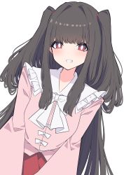 Rule 34 | 1girl, absurdres, alternate hairstyle, blouse, blush, bow, bowtie, closed mouth, collar, eyes visible through hair, grey hair, hair between eyes, highres, houraisan kaguya, long hair, long sleeves, looking at viewer, pink shirt, ponytail, red eyes, red skirt, shirt, simple background, skirt, smile, solo, teeth, touhou, tsukimirin, twintails, very long hair, white background, white bow, white bowtie, wide sleeves