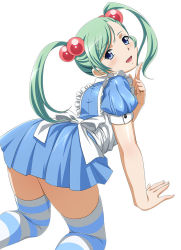 Rule 34 | 00s, 1girl, :d, all fours, apron, arm support, blue dress, blue eyes, dress, eyebrows, female focus, from behind, green hair, hair bobbles, hair ornament, ikkitousen, index finger raised, long hair, looking at viewer, maid, open mouth, shokatsuryou koumei, short sleeves, simple background, smile, solo, striped clothes, striped thighhighs, thighhighs, twintails, white apron, white background