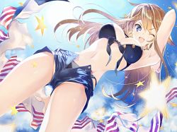 Rule 34 | 1girl, ;d, arm behind back, arm up, armpits, bikini, black bikini, blonde hair, blue eyes, blue shorts, blue sky, breasts, cleavage, day, dutch angle, floating hair, from below, front-tie bikini top, front-tie top, hair between eyes, iowa (kancolle), kantai collection, long hair, looking at viewer, medium breasts, nakamura takeshi, navel, one eye closed, open clothes, open mouth, open shorts, outdoors, short shorts, shorts, sky, smile, solo, star (symbol), stomach, swimsuit, very long hair