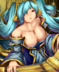 Rule 34 | 1girl, bare shoulders, blue hair, bracelet, breasts, brown eyes, cleavage, dress, covered erect nipples, hair ornament, hair over one eye, highres, instrument, jewelry, large breasts, league of legends, long hair, magukappu, solo, sona (league of legends), tattoo, twintails