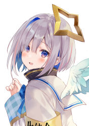 Rule 34 | 1girl, amane kanata, angel wings, armband, blue hair, blush, bob cut, colored inner hair, fukahire (ruinon), halo, highres, hololive, long sleeves, multicolored hair, pink hair, purple eyes, sailor collar, short hair, silver hair, simple background, single hair intake, sleeves past wrists, smile, solo, star halo, two-tone hair, upper body, virtual youtuber, white background, wings