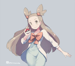 Rule 34 | 1girl, blue dress, bow, brown bow, brown eyes, brown hair, closed mouth, collarbone, creatures (company), dress, forehead, game freak, grey background, hand up, holding, holding poke ball, jacket, jasmine (pokemon), kuromiya, long hair, long sleeves, looking at viewer, nintendo, one-hour drawing challenge, open clothes, open jacket, poke ball, poke ball (basic), pokemon, pokemon hgss, puffy long sleeves, puffy sleeves, simple background, smile, solo, twitter username, very long hair, white jacket